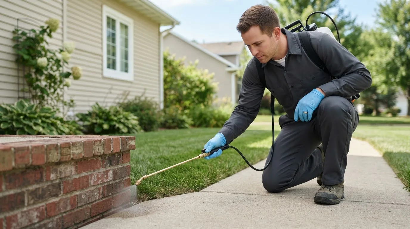 Pest control technician treating a home near Winona, MN